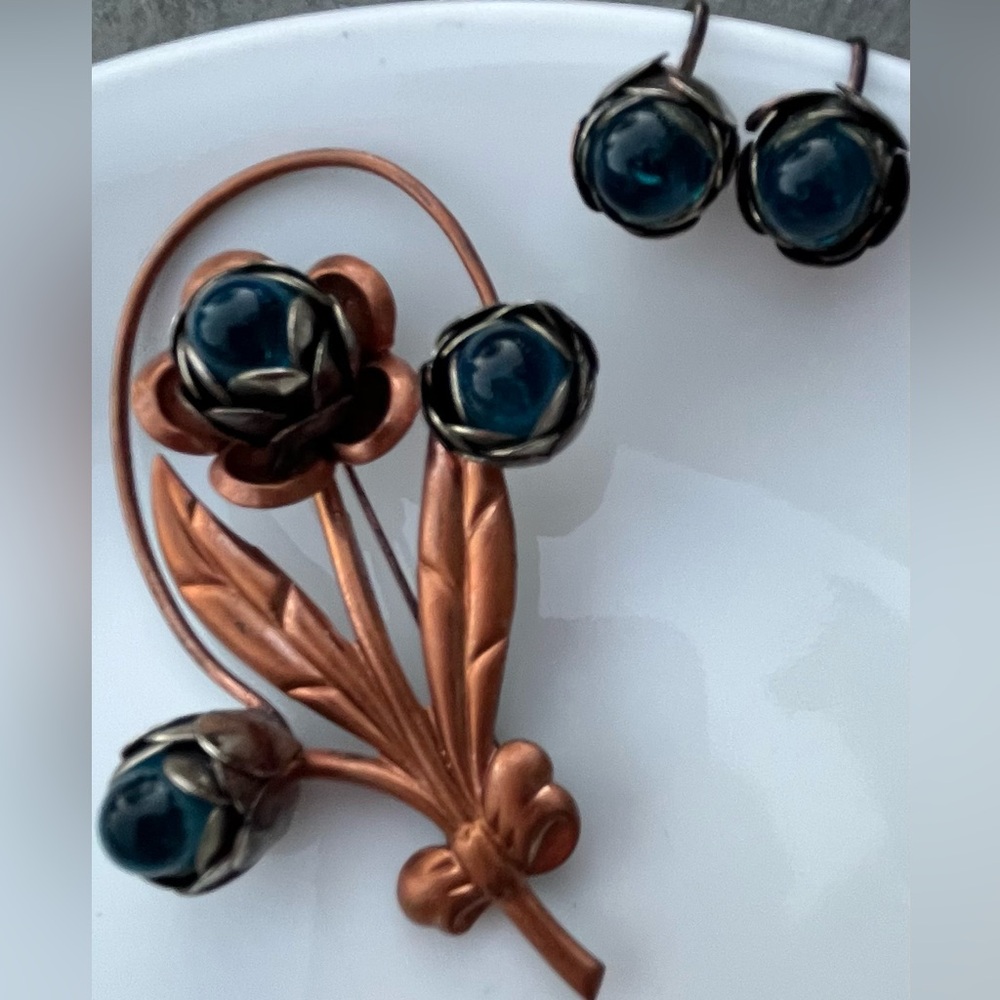 Elegant Vintage Copper and Blue Floral Jewelry Set